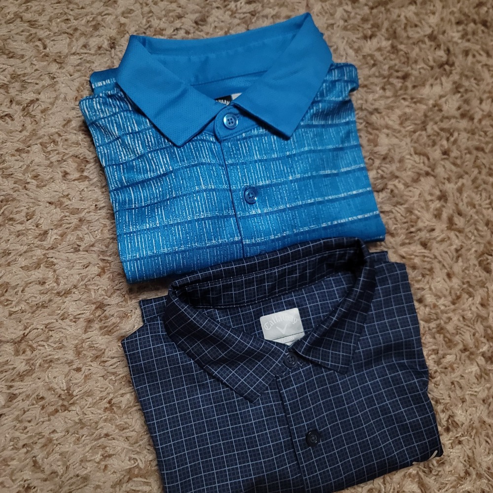 Callaway Golf Polo Mens Medium Blue Bundle 2 Pack Opti-Dri Grid Stripe S/S